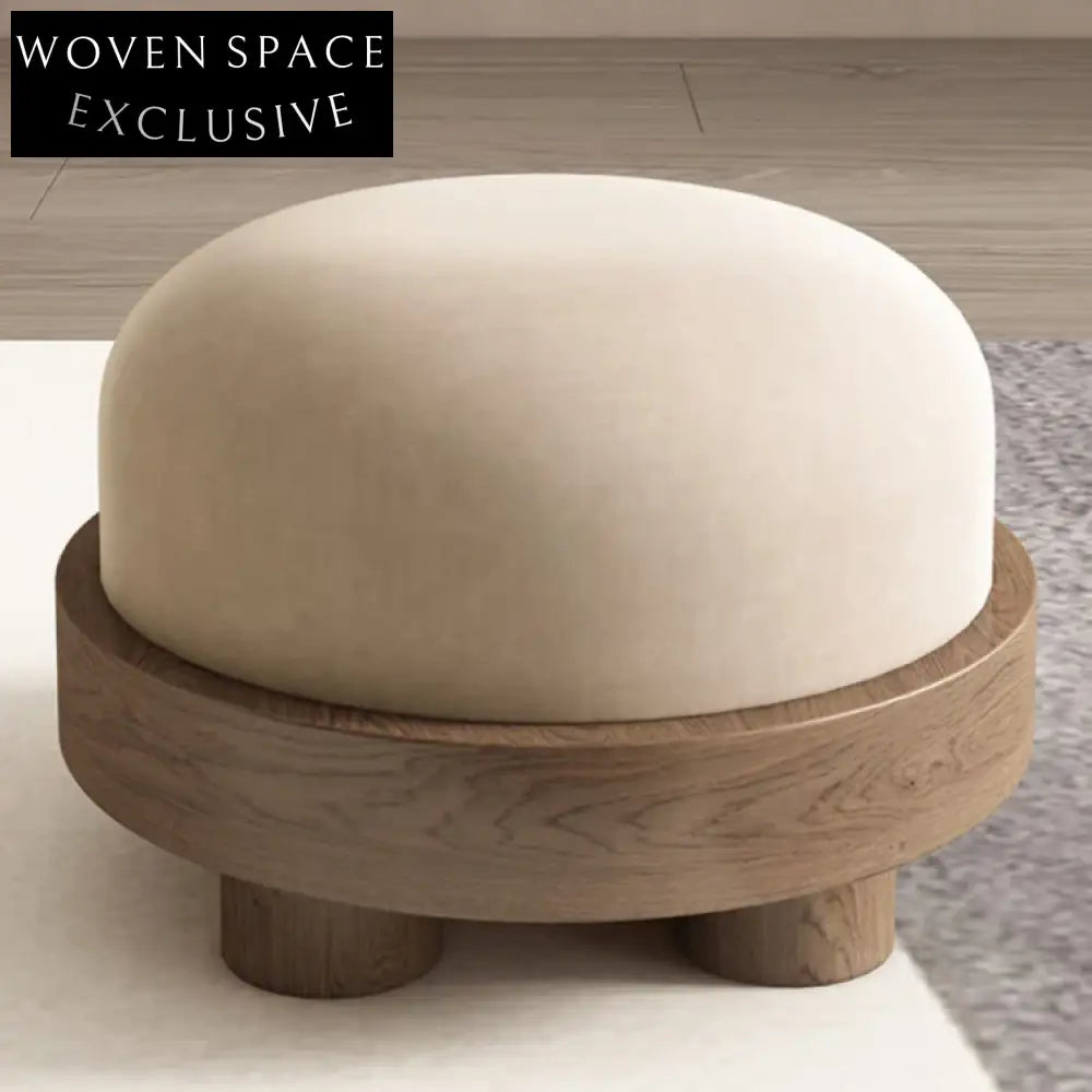 Plush Nordic Velvet Round Ottoman Accent Footrest with Solid Wood Stool