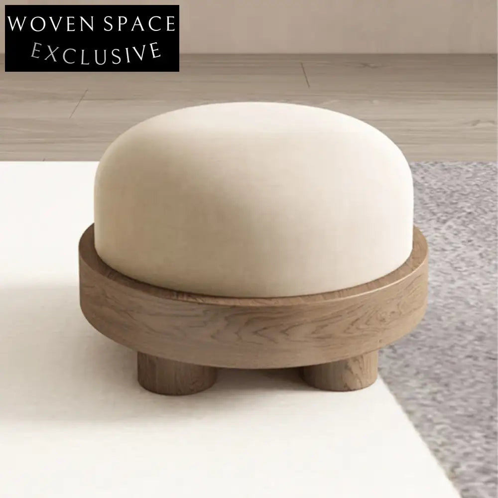 Plush Nordic Velvet Round Ottoman Accent Footrest with Solid Wood Stool