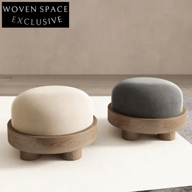 Plush Nordic Velvet Round Ottoman Accent Footrest with Solid Wood Stool
