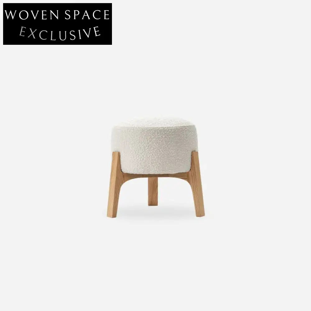 Plush Nordic White Teddy Round Fabric Ottoman with Solid Wood Legs Stool
