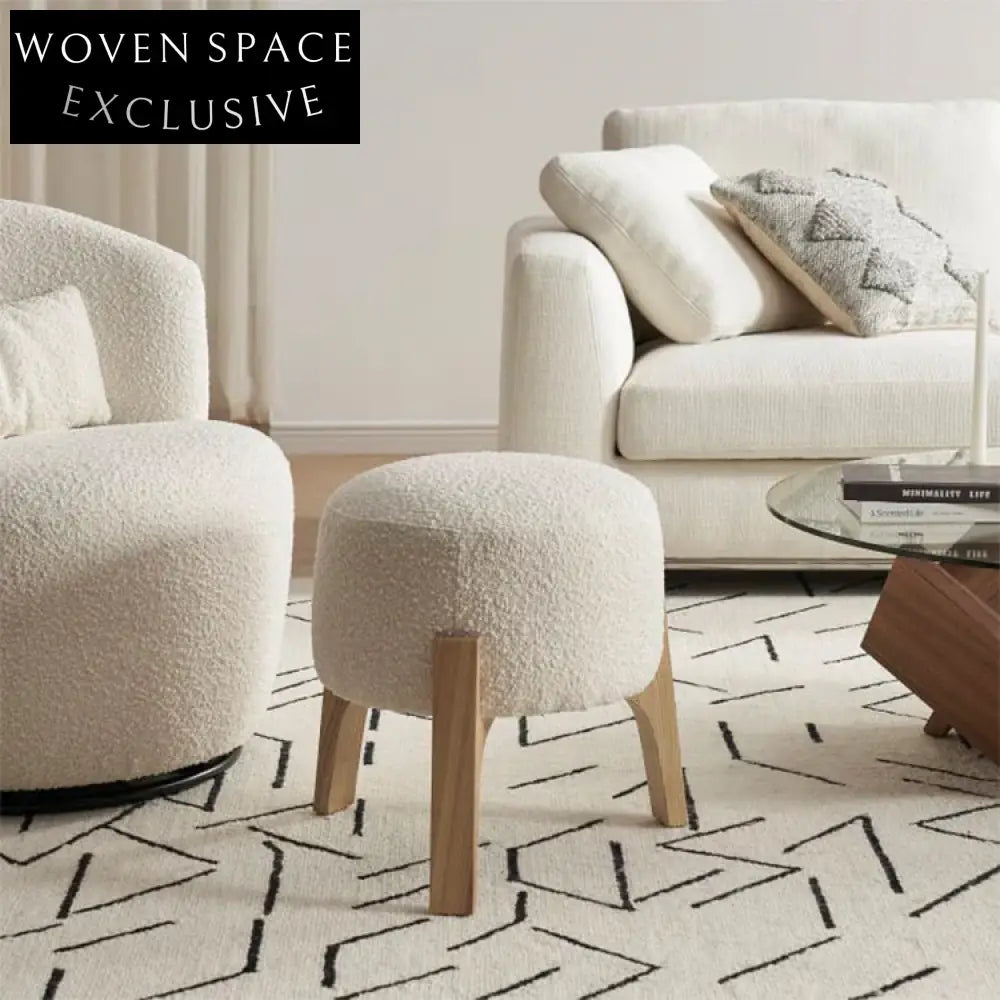 Plush Nordic White Teddy Round Fabric Ottoman with Solid Wood Legs Stool