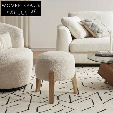 Plush Nordic White Teddy Round Fabric Ottoman with Solid Wood Legs Stool