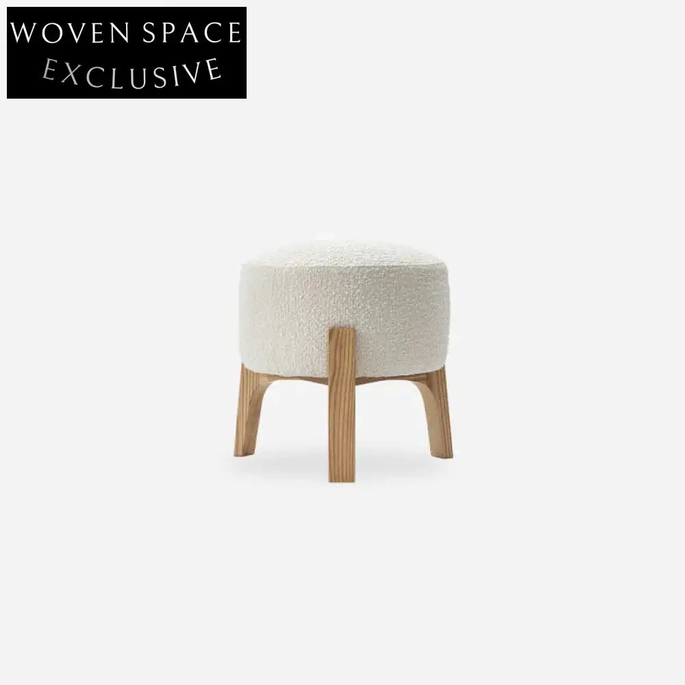 Plush Nordic White Teddy Round Fabric Ottoman with Solid Wood Legs Stool