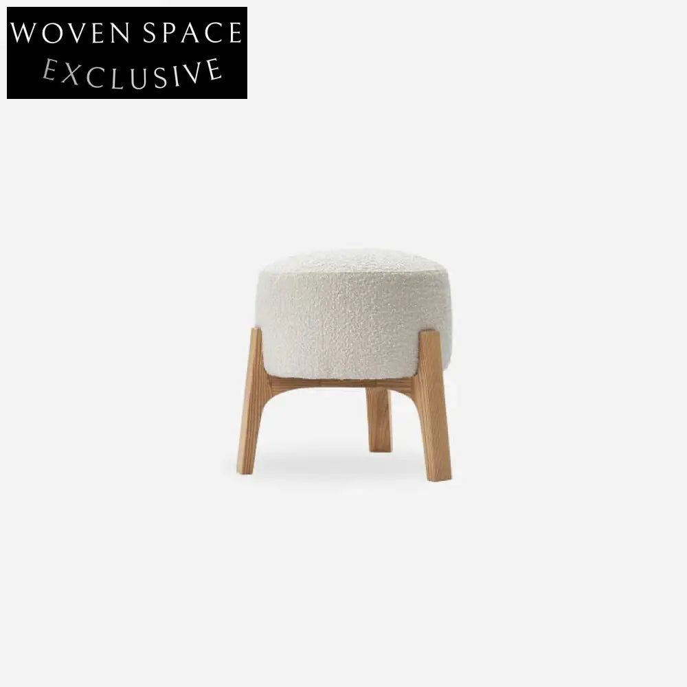 Plush Nordic White Teddy Round Fabric Ottoman with Solid Wood Legs Stool