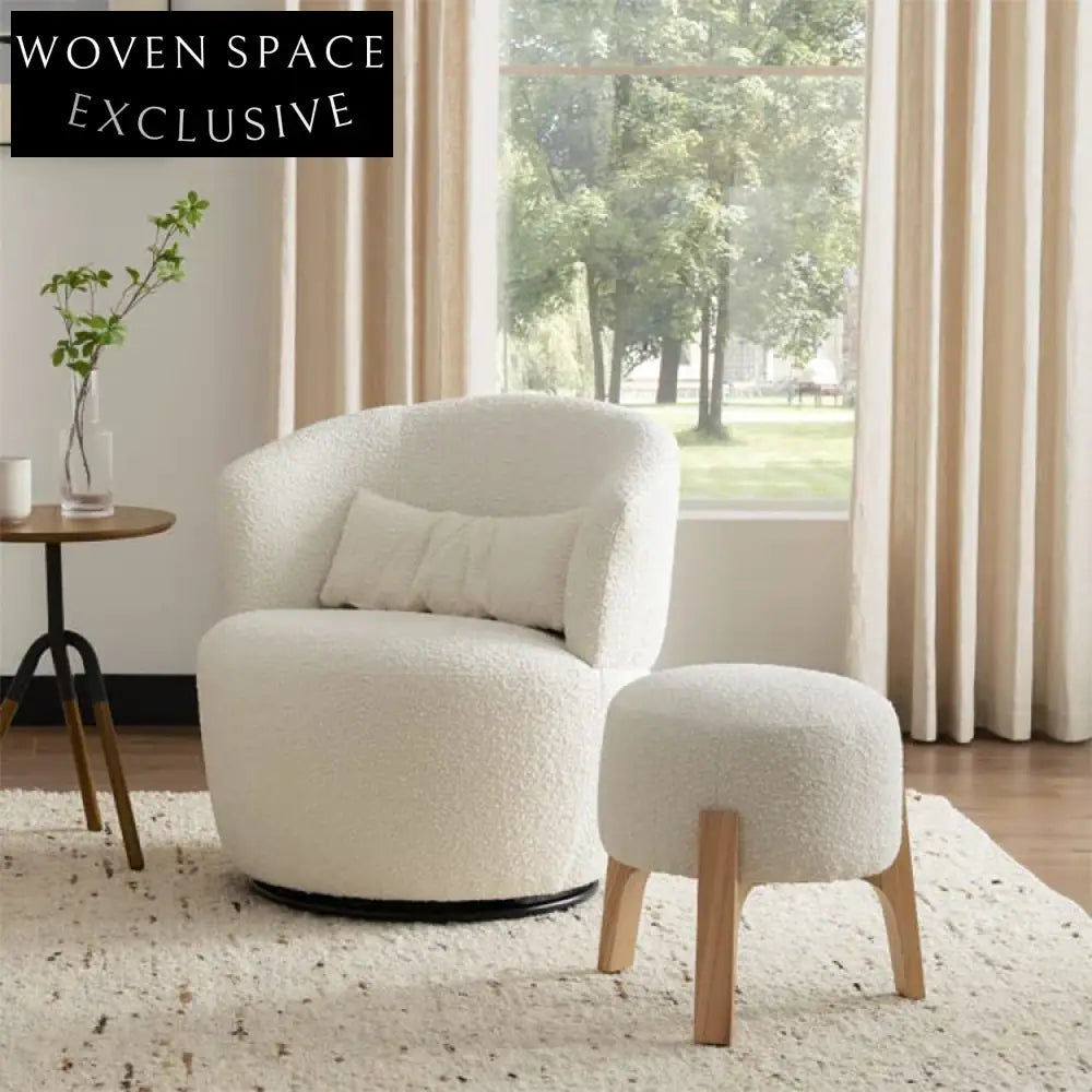 Plush Nordic White Teddy Round Fabric Ottoman with Solid Wood Legs Stool