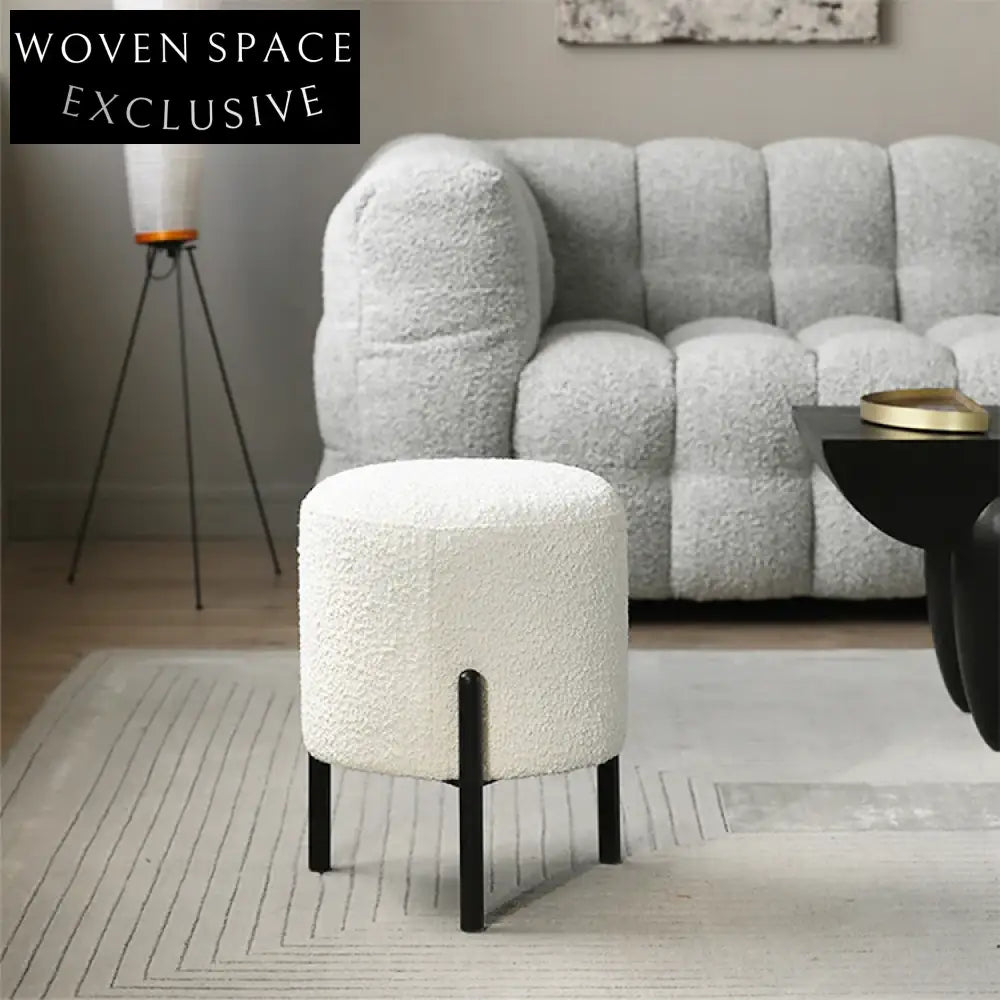 Plush Teddy Fabric Round Ottoman Stool for Modern Living Room Accent Furniture