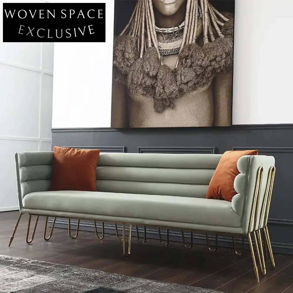 Plush Velvet Curved Back Sofa, Golden Metal Base, Modern Living Room Sofa