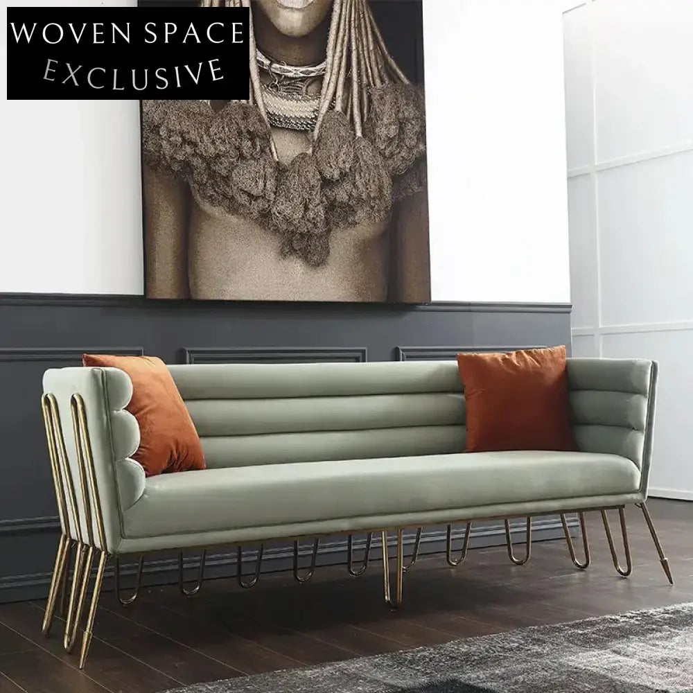 Plush Velvet Curved Back Sofa, Golden Metal Base, Modern Living Room Sofa