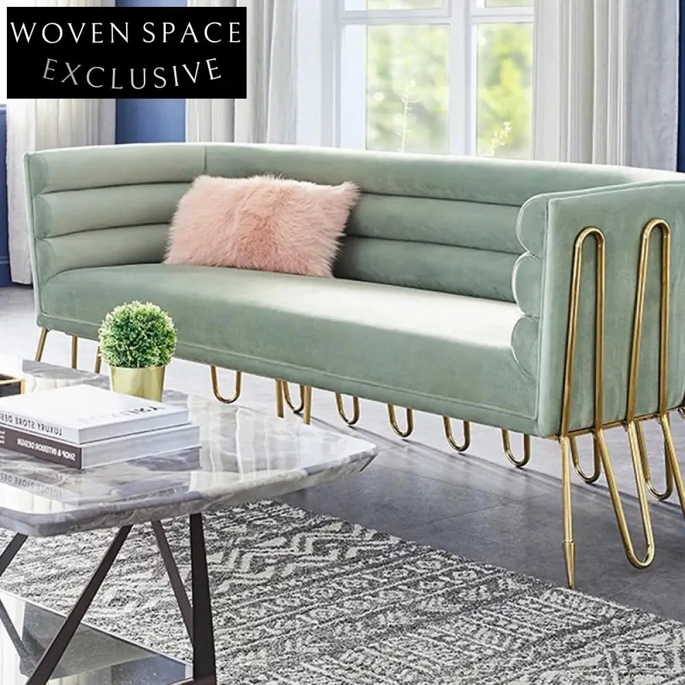 Plush Velvet Curved Back Sofa, Golden Metal Base, Modern Living Room Sofa