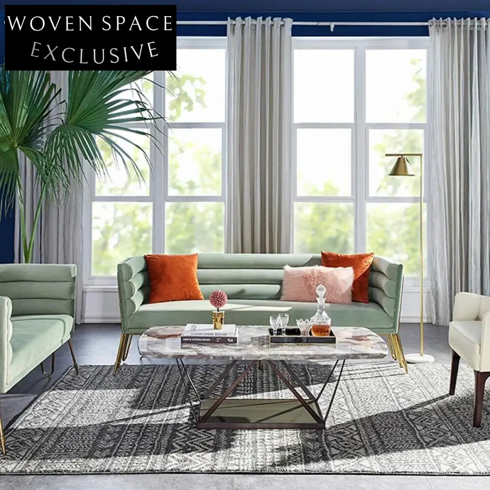 Plush Velvet Curved Back Sofa, Golden Metal Base, Modern Living Room Sofa