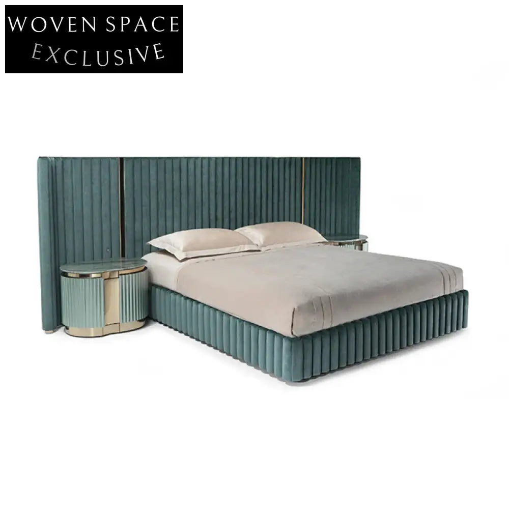 Plush Velvet King Bed Frame with Golden Metal Accents, Modern Luxury Design