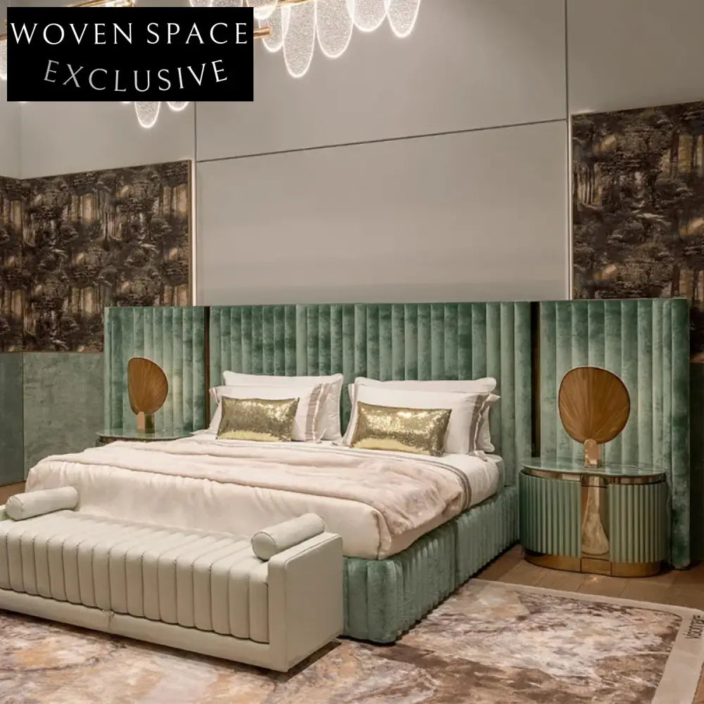 Plush Velvet King Bed Frame with Golden Metal Accents, Modern Luxury Design