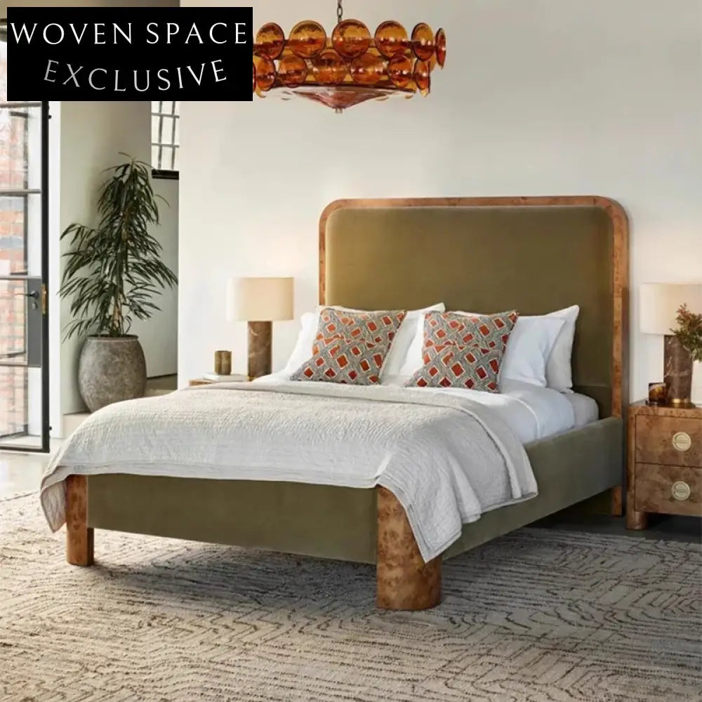 Plush Velvet King Size Modern Minimalist Solid Wood Headboard Bed Frame