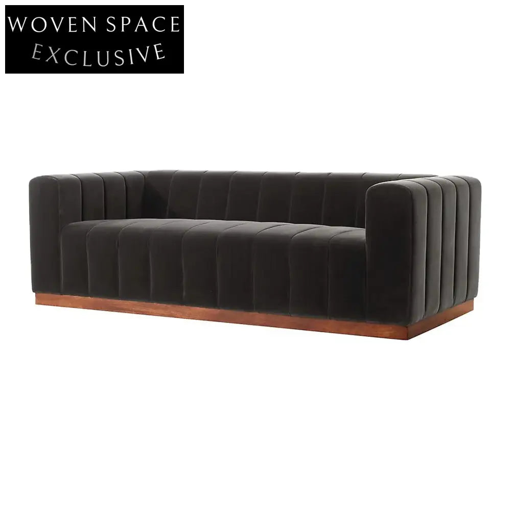 Plush Channeled Velvet Three-Seat Sofa, Modern Design, Solid Oak Frame Comfort