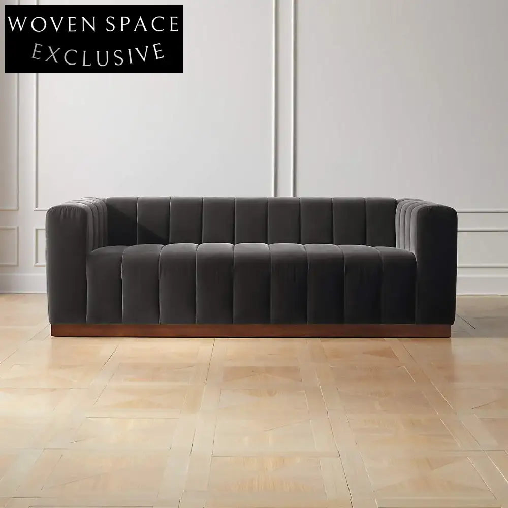 Plush Channeled Velvet Three-Seat Sofa, Modern Design, Solid Oak Frame Comfort