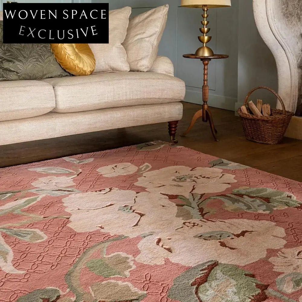 Premium Handmade Wool Carpet: Vintage Pink Green Floral Design for Modern Homes