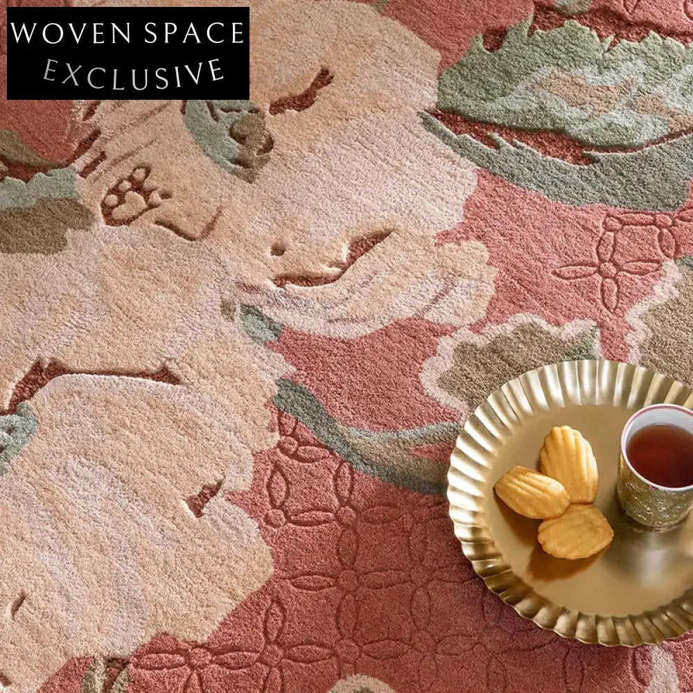 Premium Handmade Wool Carpet: Vintage Pink Green Floral Design for Modern Homes