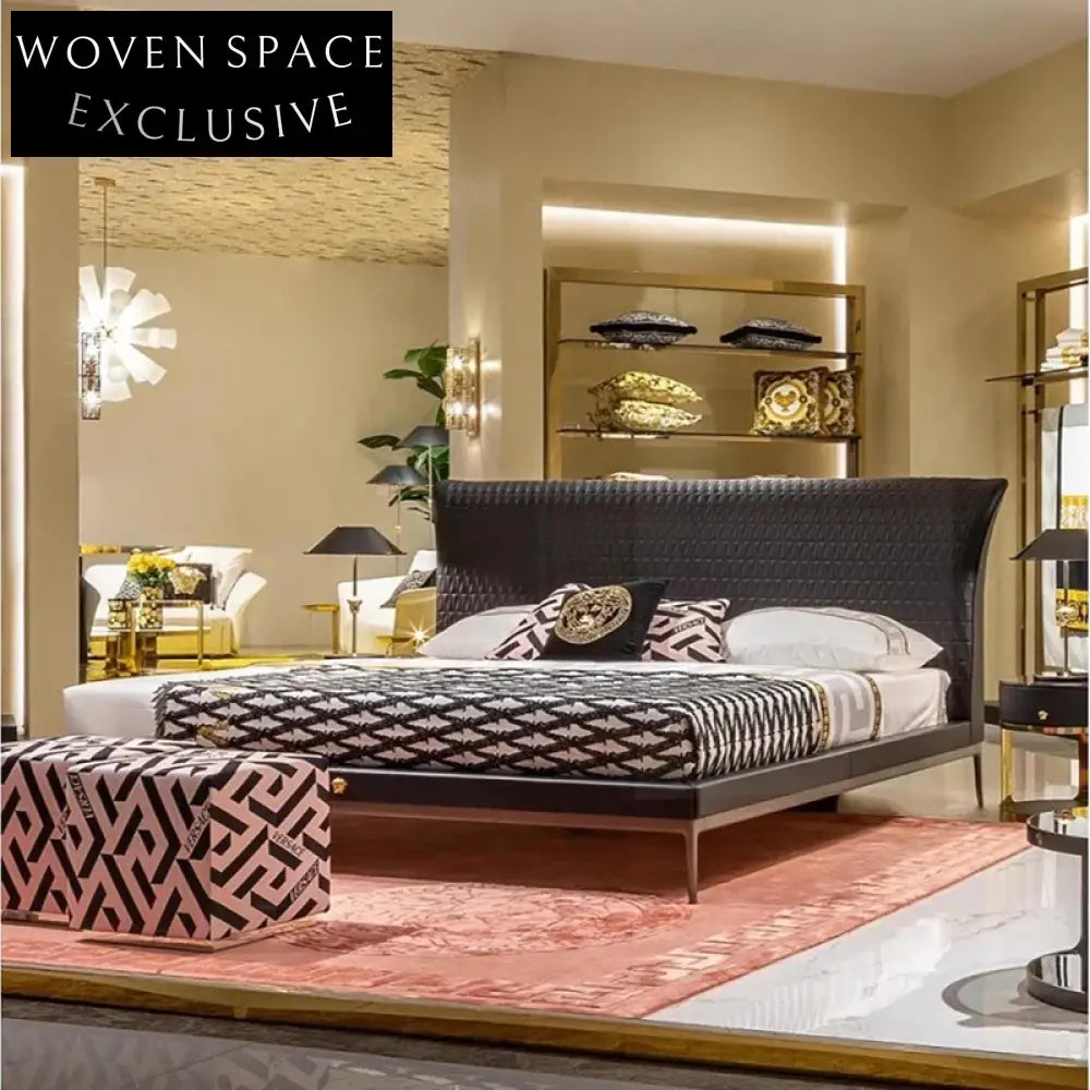 Premium Italy Leather Upholstered Bed Frame with High Headboard Minimalist Design