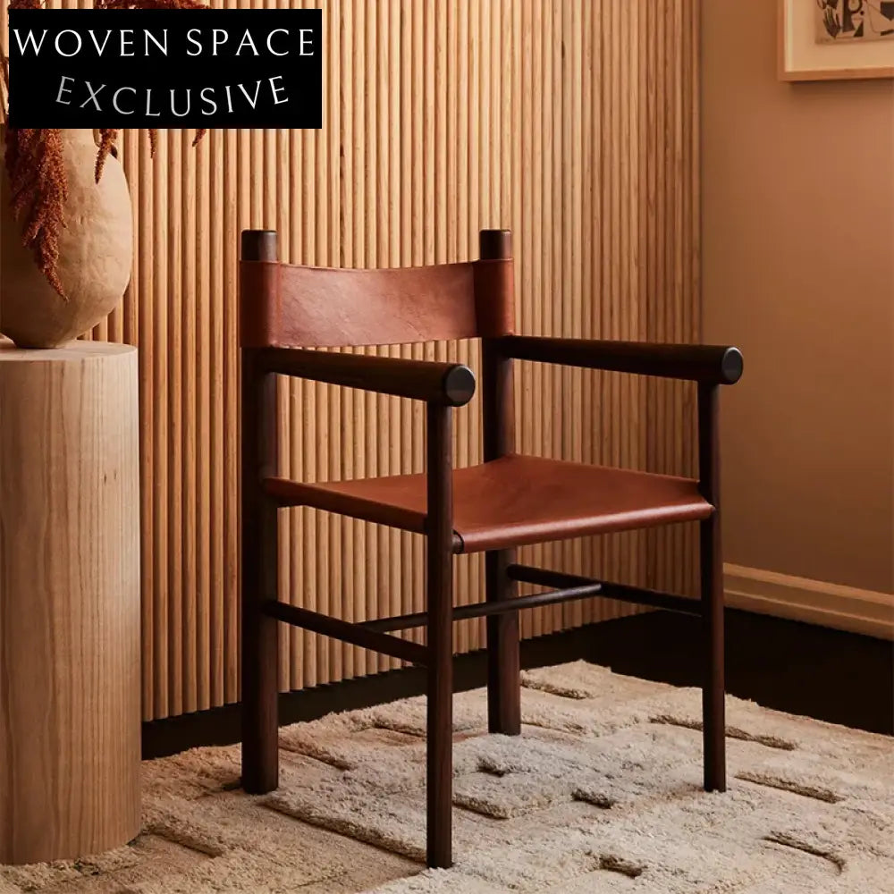 Premium Retro Solid Wood Saddle Leather Armrest Dining Chair Home Restaurant