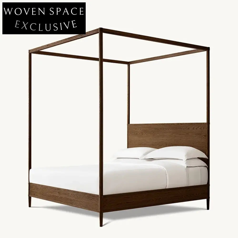 Premium Solid Oak Wood King-Size Four-Column Minimalist Bed Frame with Headboard