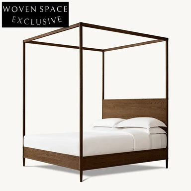 Premium Solid Oak Wood King-Size Four-Column Minimalist Bed Frame with Headboard