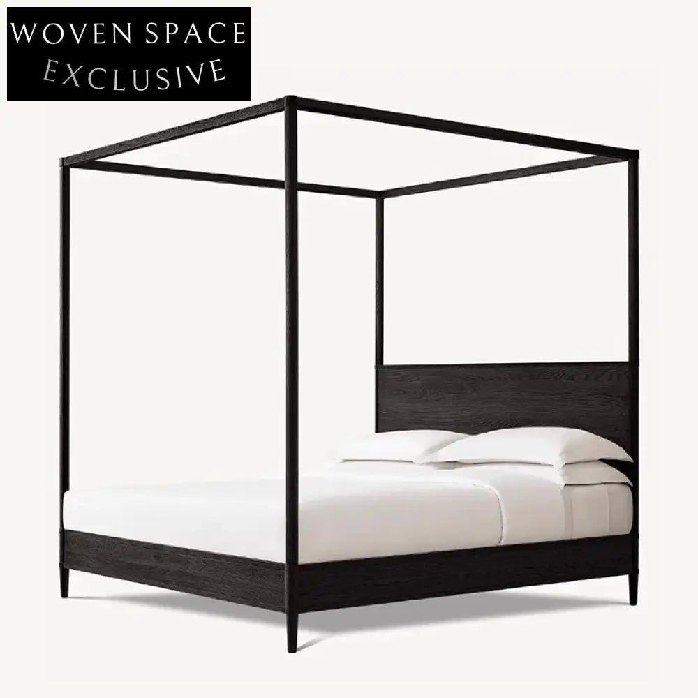 Premium Solid Oak Wood King-Size Four-Column Minimalist Bed Frame with Headboard