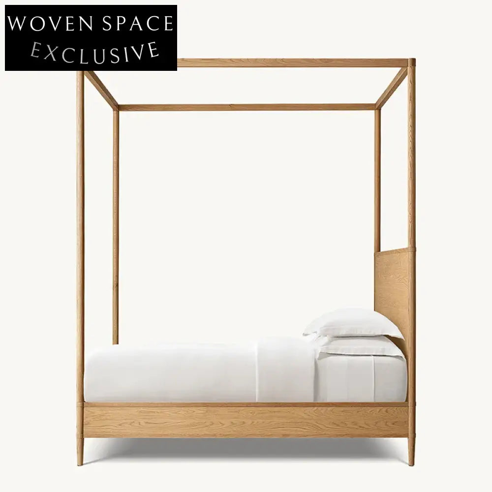 Premium Solid Oak Wood King-Size Four-Column Minimalist Bed Frame with Headboard