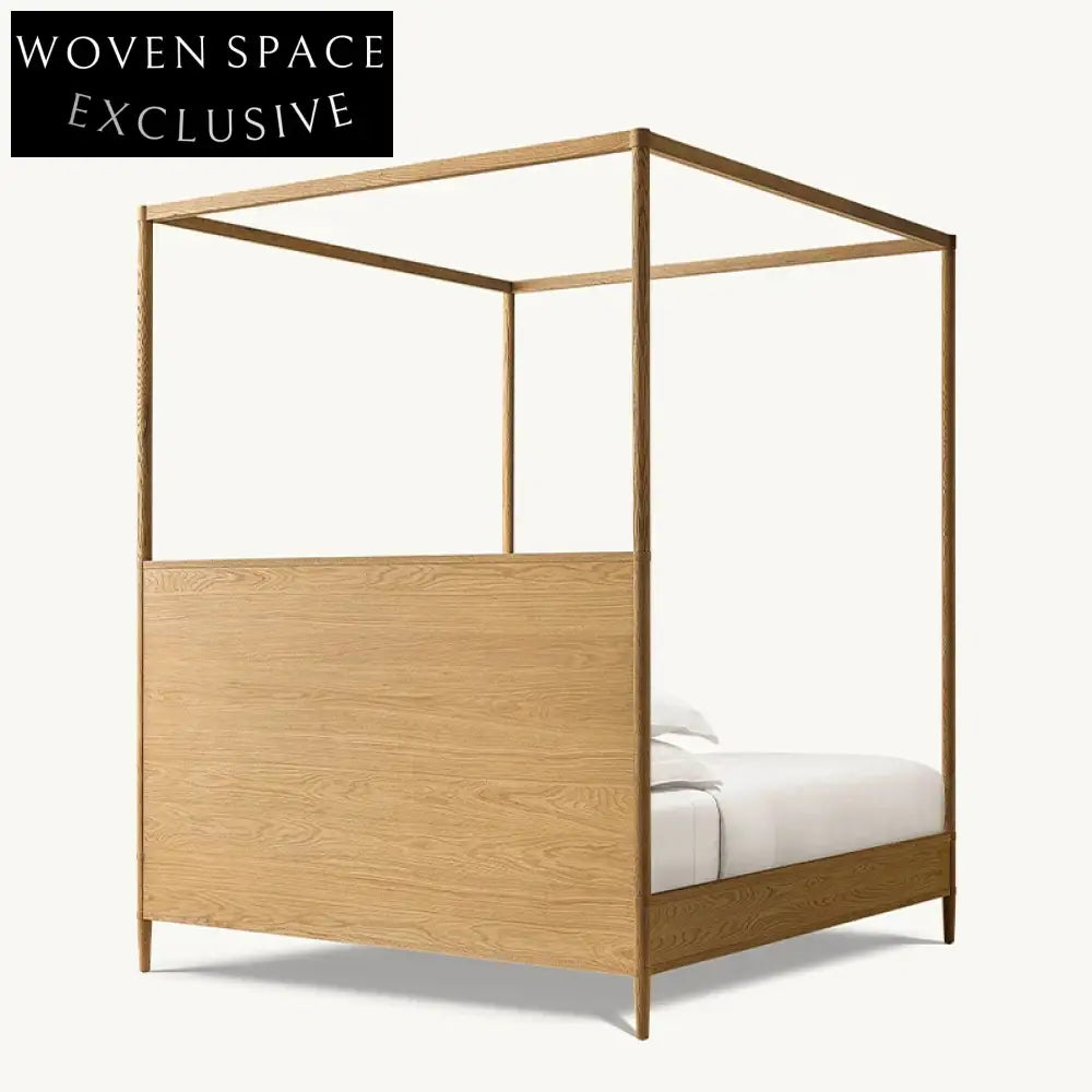Premium Solid Oak Wood King-Size Four-Column Minimalist Bed Frame with Headboard