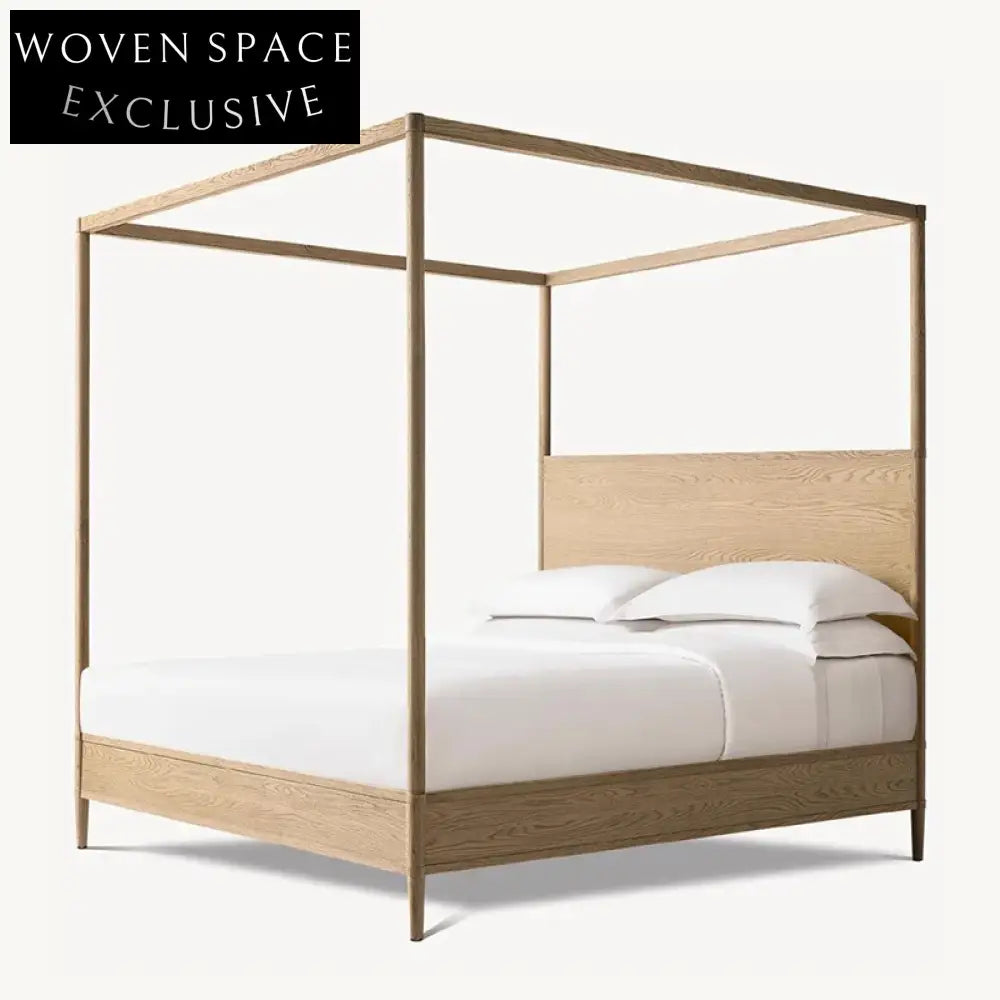 Premium Solid Oak Wood King-Size Four-Column Minimalist Bed Frame with Headboard