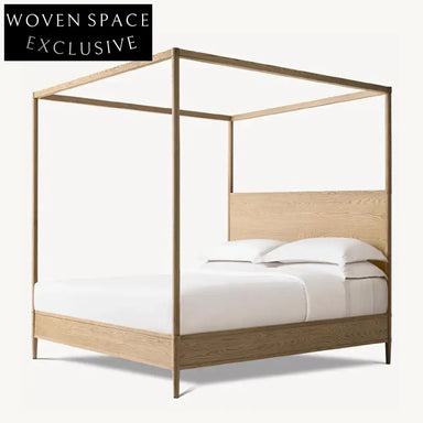 Premium Solid Oak Wood King-Size Four-Column Minimalist Bed Frame with Headboard