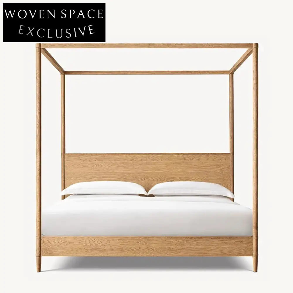 Premium Solid Oak Wood King-Size Four-Column Minimalist Bed Frame with Headboard