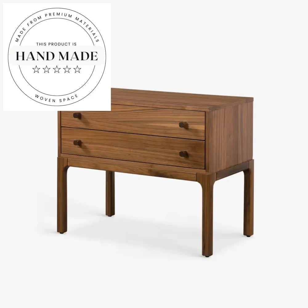 Premium Walnut Wood Two Drawer Wide Nordic Modern Bedside Table