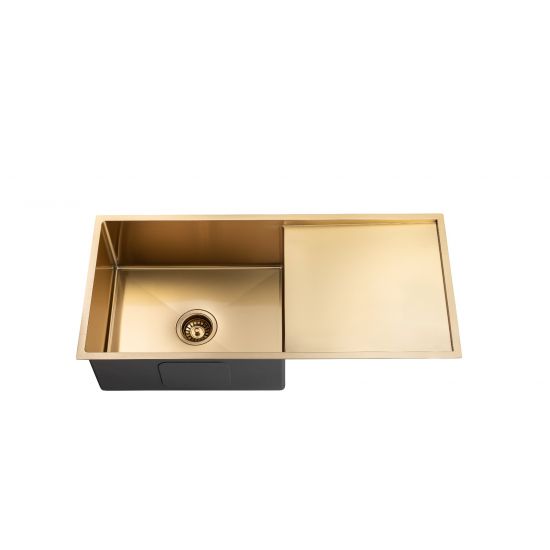 304 Stainless Steel Brushed Gold PVD Coating Single Bowl Kitchen Sink with Drainer(Round Edges,with Bottom Tray)960*450*230mm