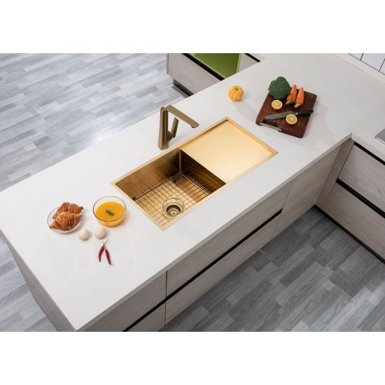 304 Stainless Steel Brushed Gold PVD Coating Single Bowl Kitchen Sink with Drainer(Round Edges,with Bottom Tray)960*450*230mm