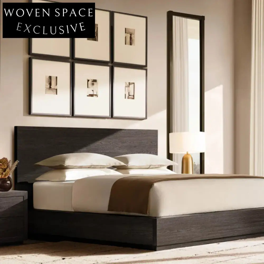 Queen Size Modern Solid Oak Wood Minimalist High Headboard Platform Bed Frame