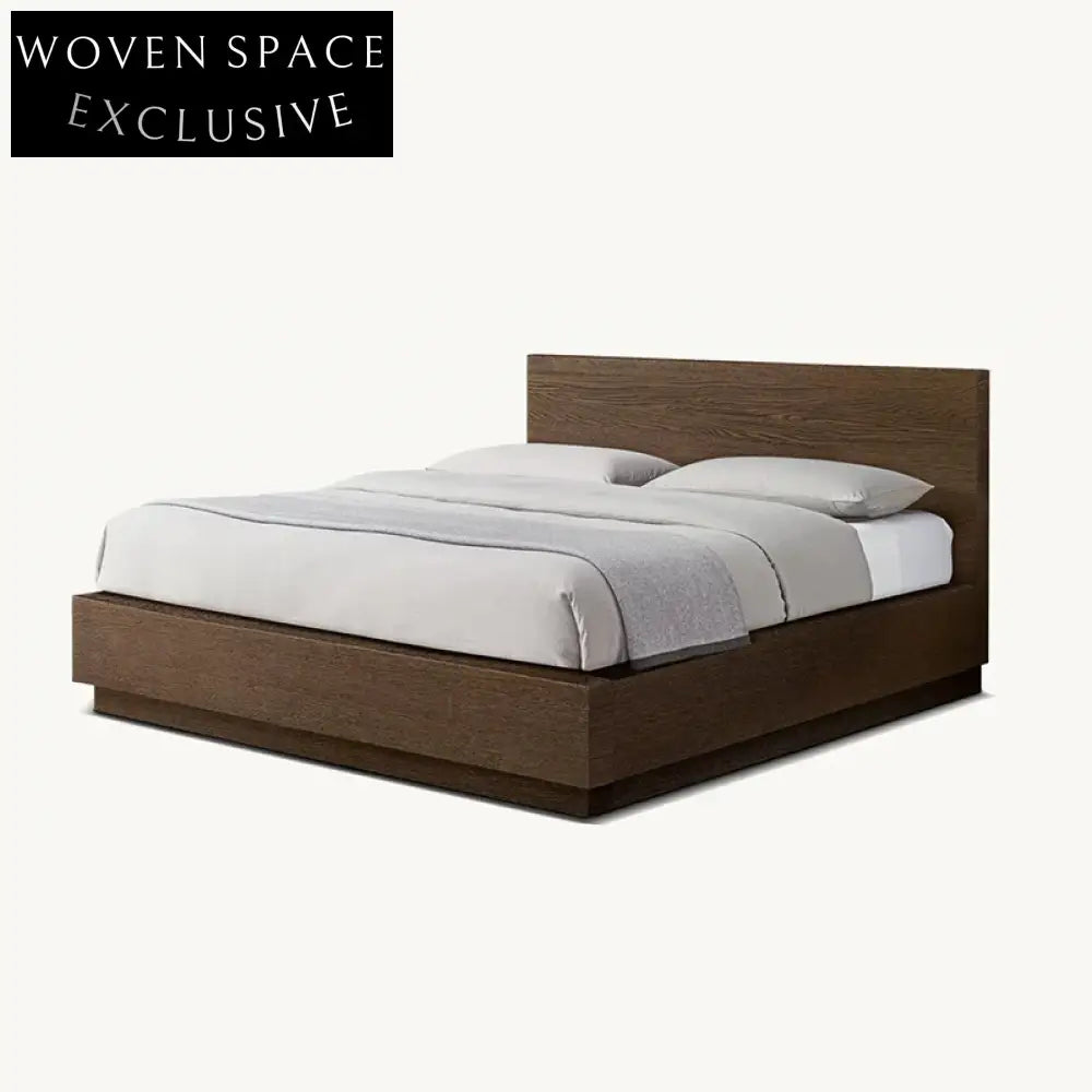 Queen Size Modern Solid Oak Wood Minimalist High Headboard Platform Bed Frame