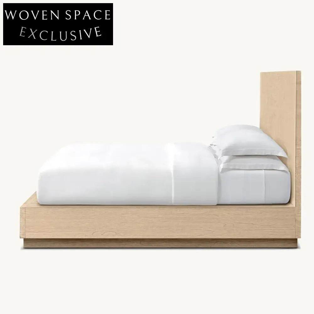 Queen Size Modern Solid Oak Wood Minimalist High Headboard Platform Bed Frame