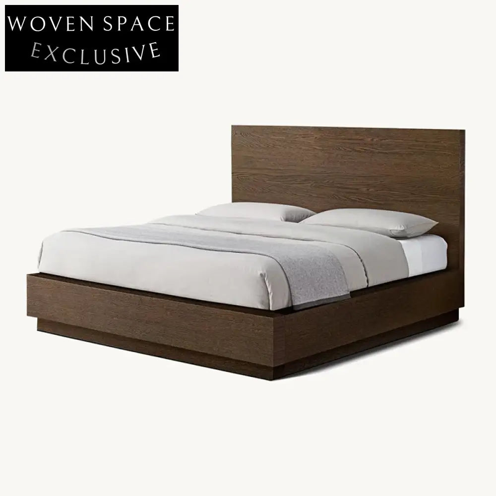 Queen Size Modern Solid Oak Wood Minimalist High Headboard Platform Bed Frame