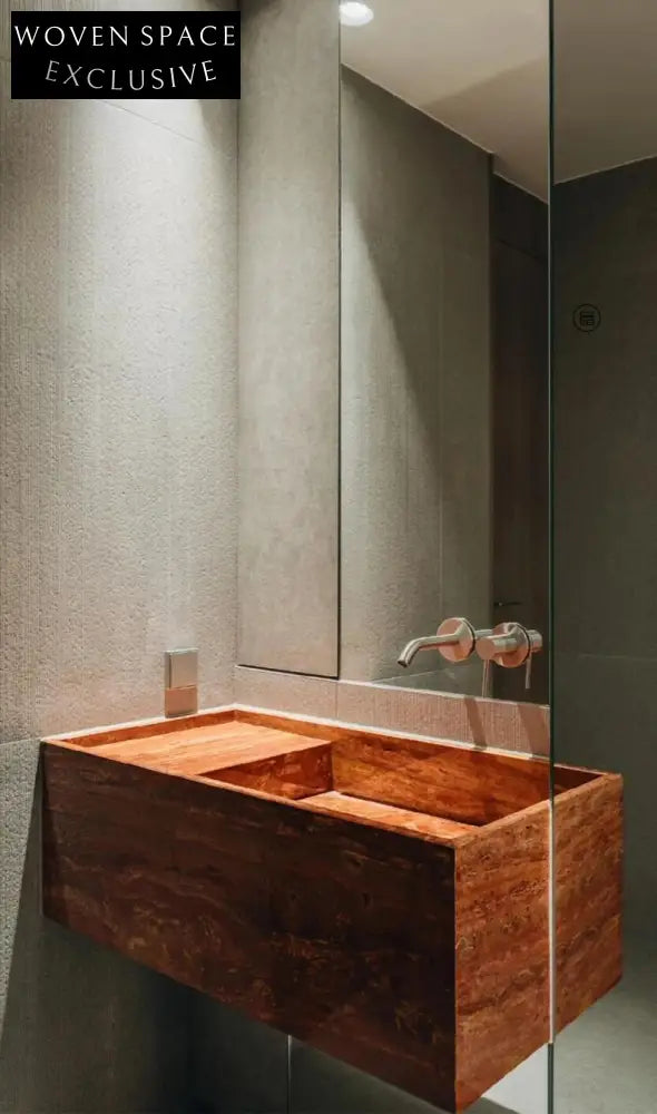 Quinn Red Travertine Luxury Bathroom Cabinet with Integrated Basin