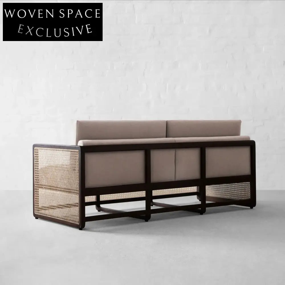 Stylish Rattan Fabric Sofa - Solid Oak Wood Slat Frame Modern Couch