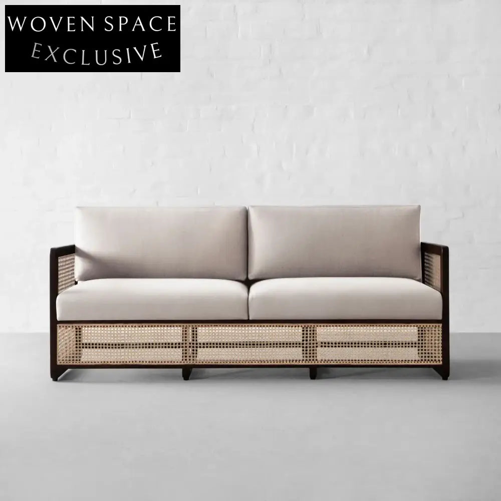 Stylish Rattan Fabric Sofa - Solid Oak Wood Slat Frame Modern Couch