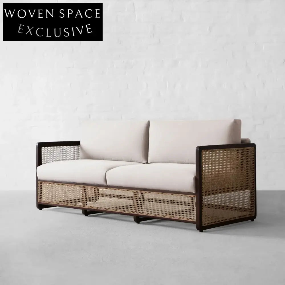 Stylish Rattan Fabric Sofa - Solid Oak Wood Slat Frame Modern Couch