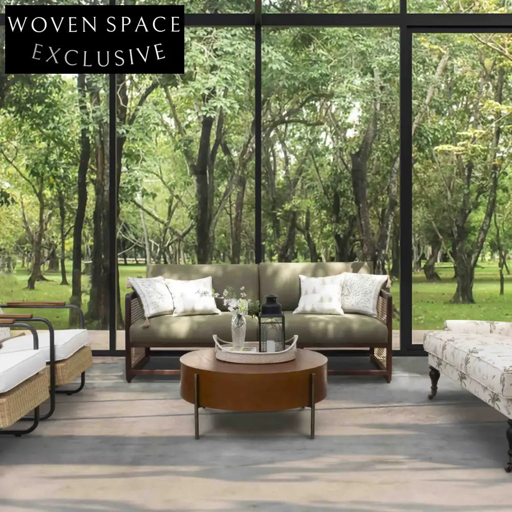 Stylish Rattan Fabric Sofa - Solid Oak Wood Slat Frame Modern Couch