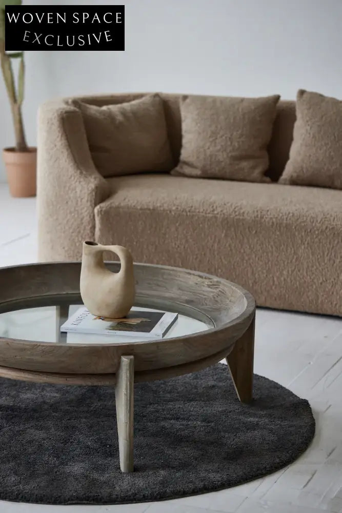 Wabi Sabi Recycled Elm Round Coffee Table with Tempered Glass Top