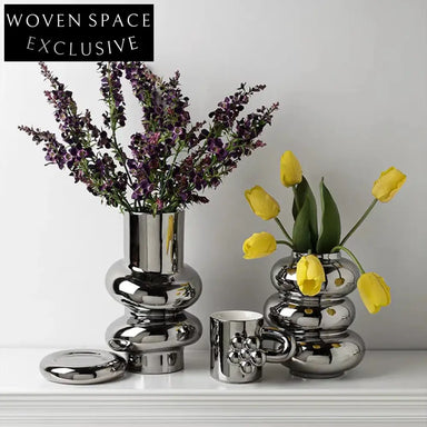 Refined Silver Ceramic Round Tabletop Decor Accent Modern Flower Vase