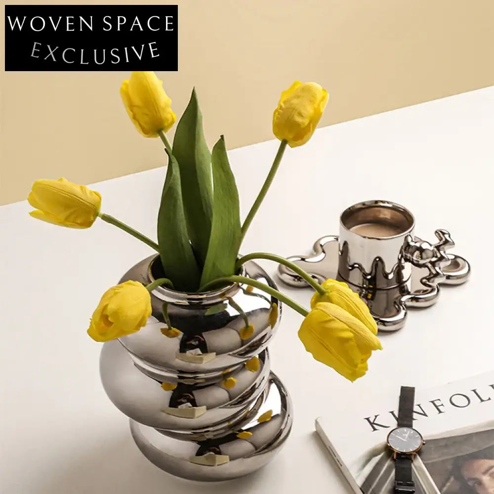 Refined Silver Ceramic Round Tabletop Decor Accent Modern Flower Vase