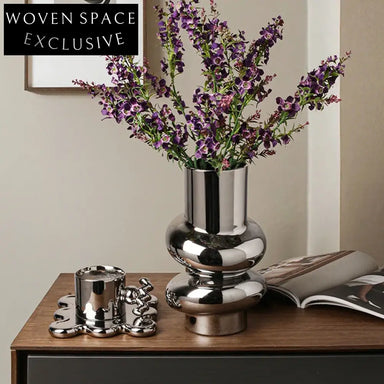 Refined Silver Ceramic Round Tabletop Decor Accent Modern Flower Vase