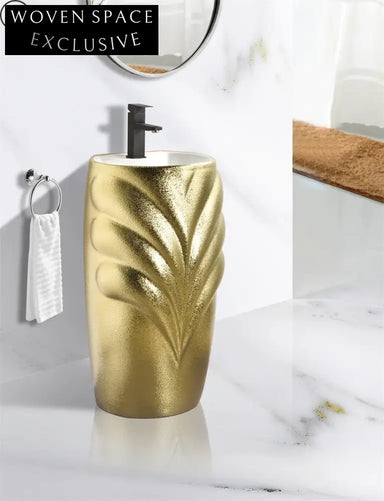 Regal Freestanding Ceramic Pedestal Sink, Luxurious Golden Royal Bathroom Basin
