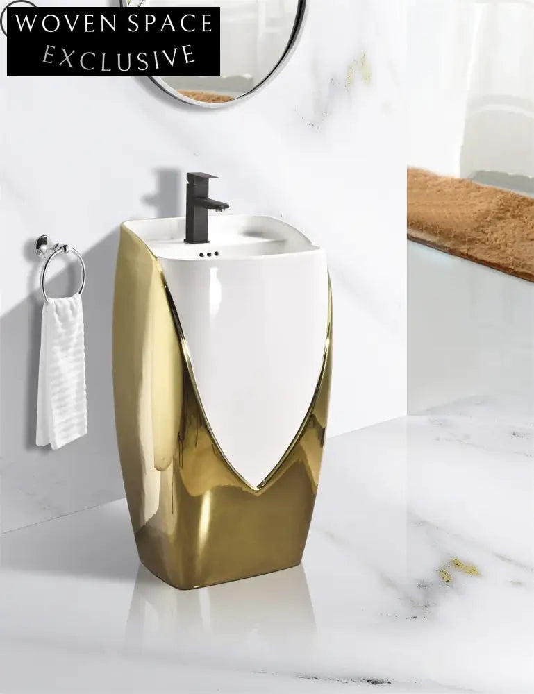 Regal Freestanding Ceramic Pedestal Sink, Luxurious Golden Royal Bathroom Basin