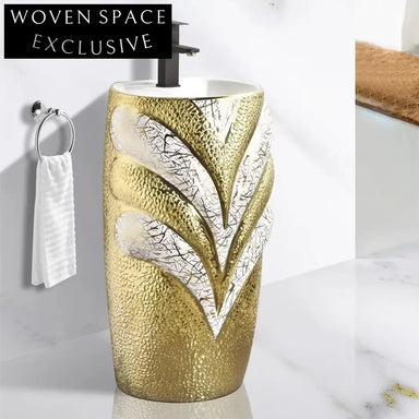 Regal Freestanding Ceramic Pedestal Sink, Luxurious Golden Royal Bathroom Basin